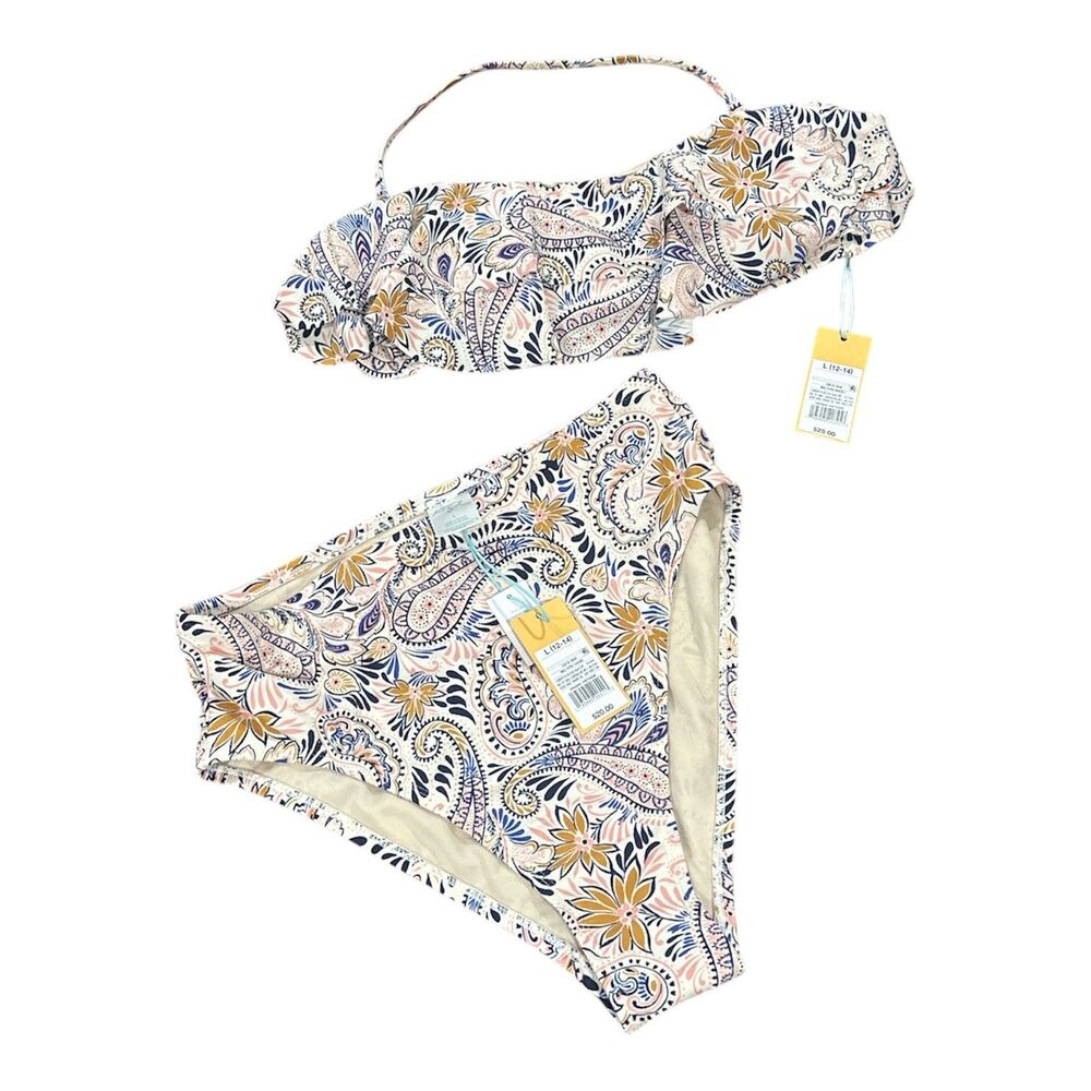 Kona Sol Paisley Ruffle Bandeau Top High Rise Bottom Bikini Size Large  2 Piece